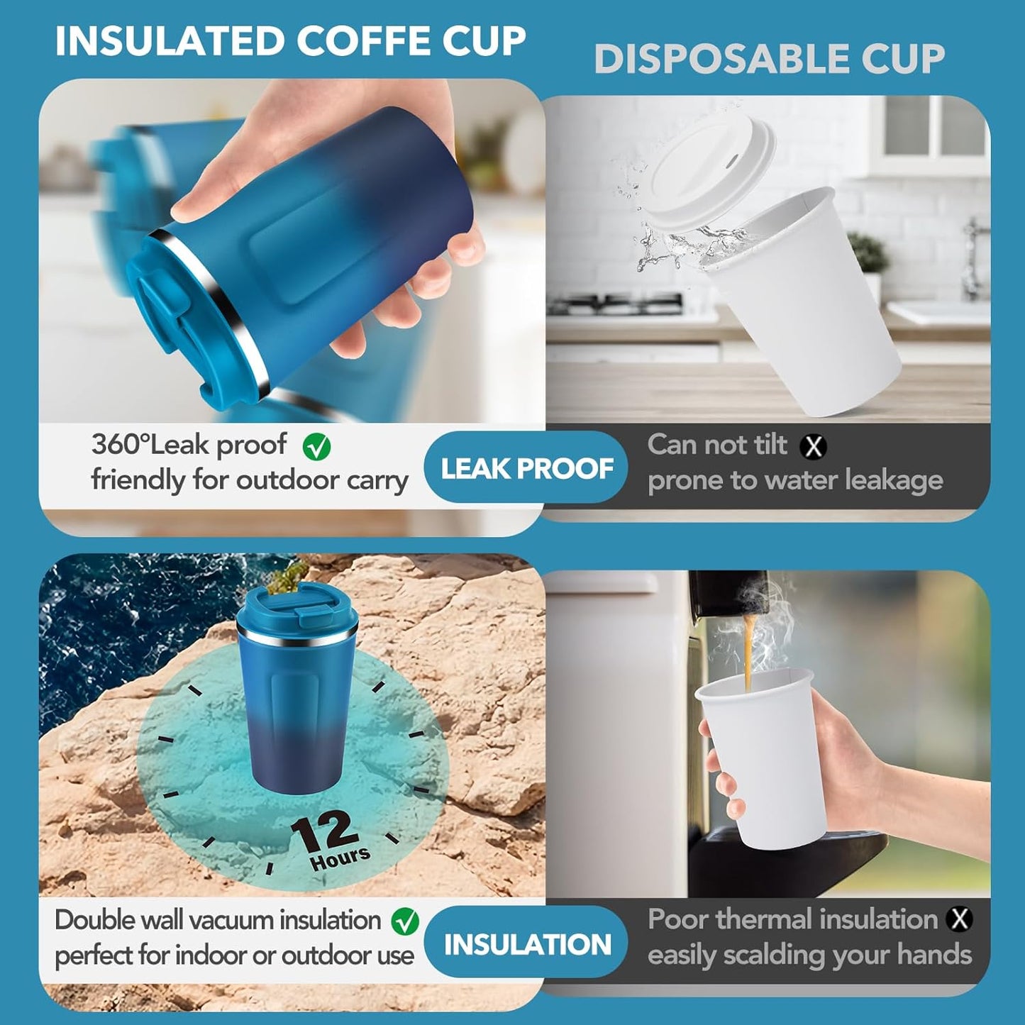 Volhoply 12 oz Double Wall Insulated Vacuum Travel Coffee Mugs with Flip Lid Bulk 2 Pack,Reusable Stainless Steel Leak Proof Coffee Cup,Portable Cafe Thermal Tumbler for Hot & Cold Drinks(Mix,2 Set)