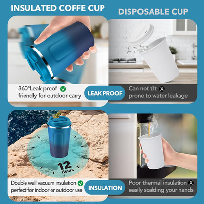 Volhoply 12 oz Double Wall Insulated Vacuum Travel Coffee Mugs with Flip Lid Bulk 2 Pack,Reusable Stainless Steel Leak Proof Coffee Cup,Portable Cafe Thermal Tumbler for Hot & Cold Drinks(Mix,2 Set)