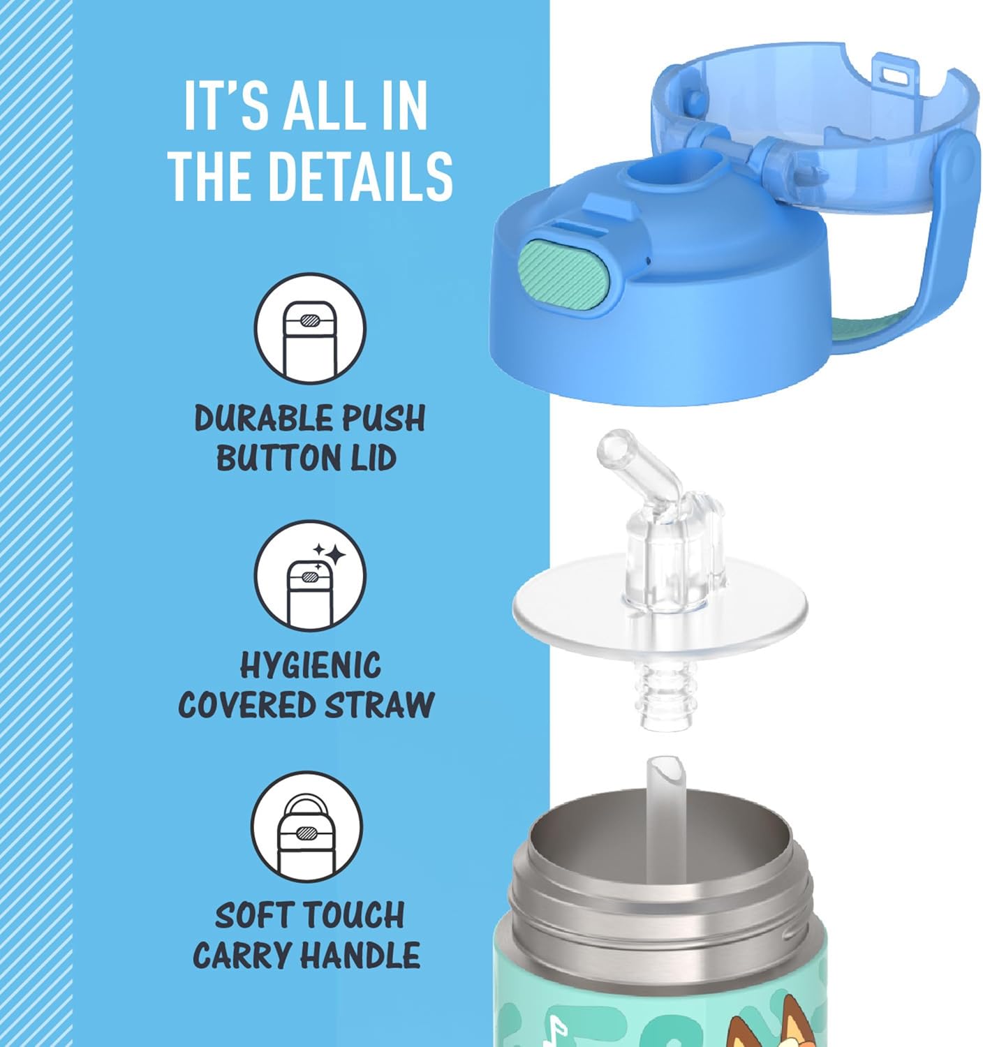 THERMOS FUNTAINER Water Bottle with Straw - 12 Ounce - Kids Stainless Steel Vacuum Insulated Water Bottle with Lid, Bluey - Colors B