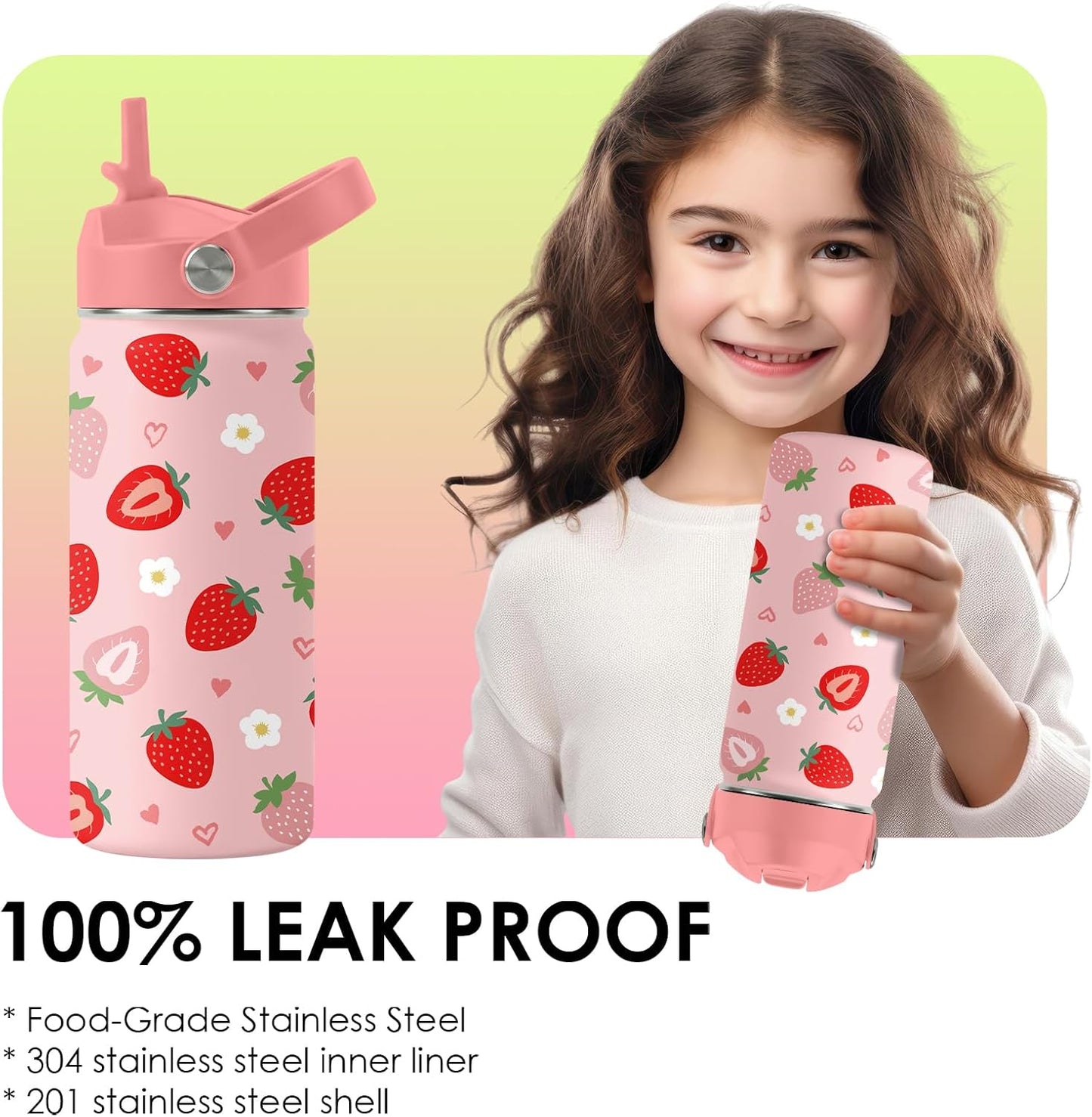 Strawberry Gifts for Kids - 16oz Pink Kids Water Bottle with Straw Lid, Stainless Steel Insulated Water Bottle, Leakproof, BPA-Free, for Girls, School, Strawberry Lover Children Birthday Gift Cup(1pc)