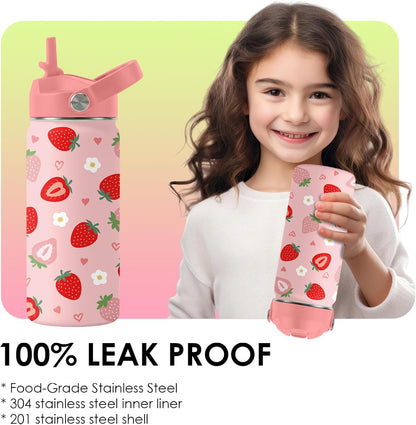 Strawberry Gifts for Kids - 16oz Pink Kids Water Bottle with Straw Lid, Stainless Steel Insulated Water Bottle, Leakproof, BPA-Free, for Girls, School, Strawberry Lover Children Birthday Gift Cup(1pc)