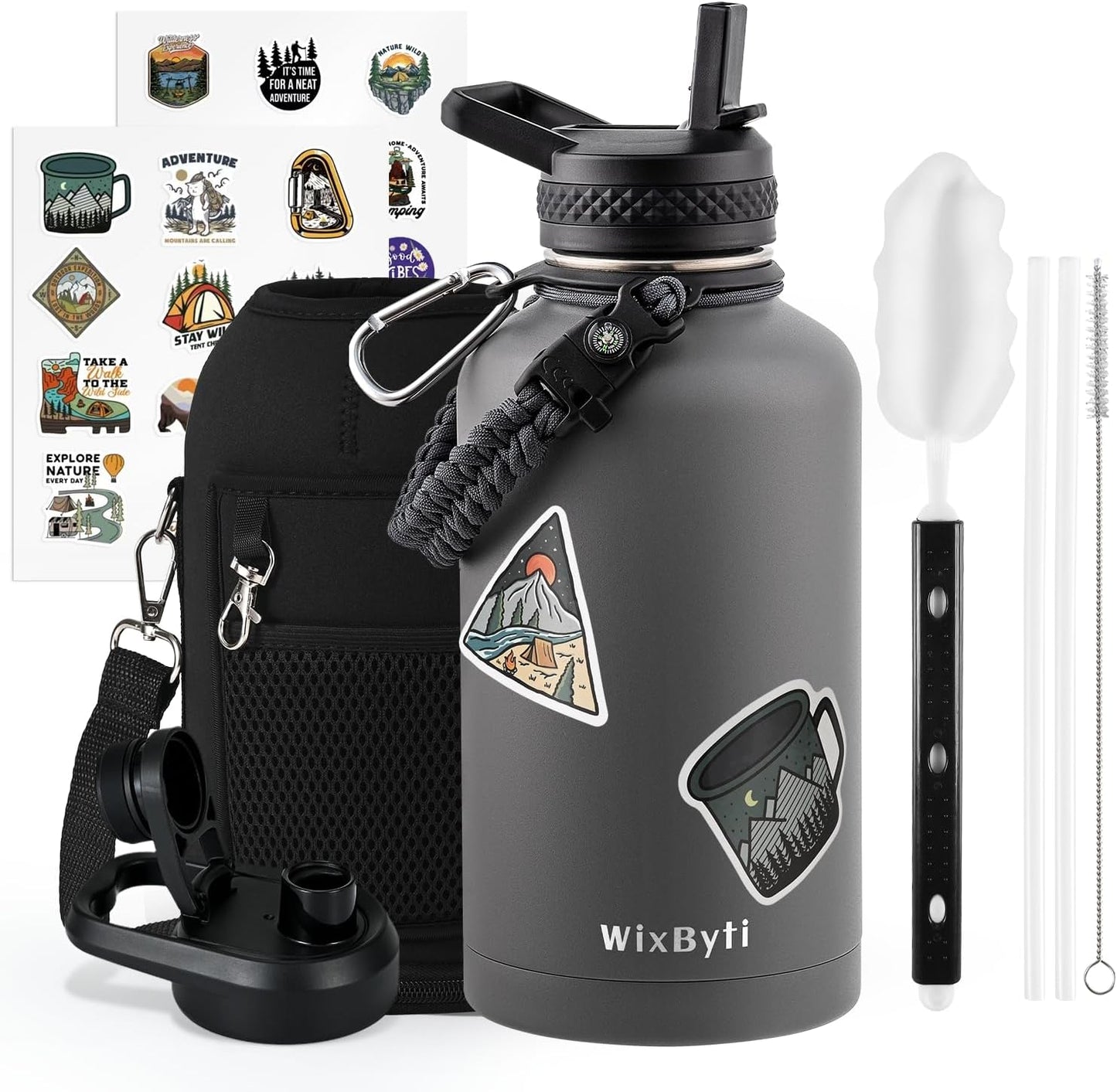 WixByti 40 oz Insulated Water Bottle with Straw (Cold for 36 Hrs), Stainless Steel Triple Wall Vacuum Sports Water Jug, Leakproof Hydro Cup Flask with Paracord Handle & Straw Spout Lids & DIY Stickers