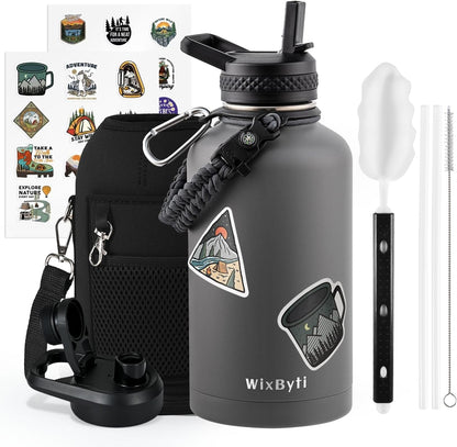 WixByti 40 oz Insulated Water Bottle with Straw (Cold for 36 Hrs), Stainless Steel Triple Wall Vacuum Sports Water Jug, Leakproof Hydro Cup Flask with Paracord Handle & Straw Spout Lids & DIY Stickers