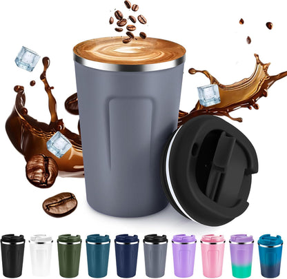 Volhoply 12 oz Double Wall Insulated Vacuum Travel Coffee Mugs with Flip Lid Bulk 2 Pack,Reusable Stainless Steel Leak Proof Coffee Cup,Portable Cafe Thermal Tumbler for Hot & Cold Drinks(Mix,2 Set)