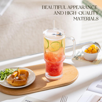 KEMORELA Large 26oz Clear Glass Mug with Handle and Sliding Lid – Aesthetic Ribbed Tumbler for Iced Coffee, Smoothies & Hot Drinks – Reusable Travel Cup with Straw, Dishwasher Safe (Ribbed Tumbler)