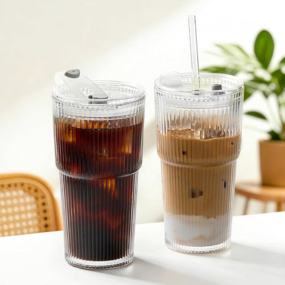 TUZAZO 20 Oz Ribbed Glass Tumblers with Lids and Straws - 4 Pack Reusable Glass Coffee Cups with Straws and Lids, Thicken Glass, Ideal for To Go Iced Coffee