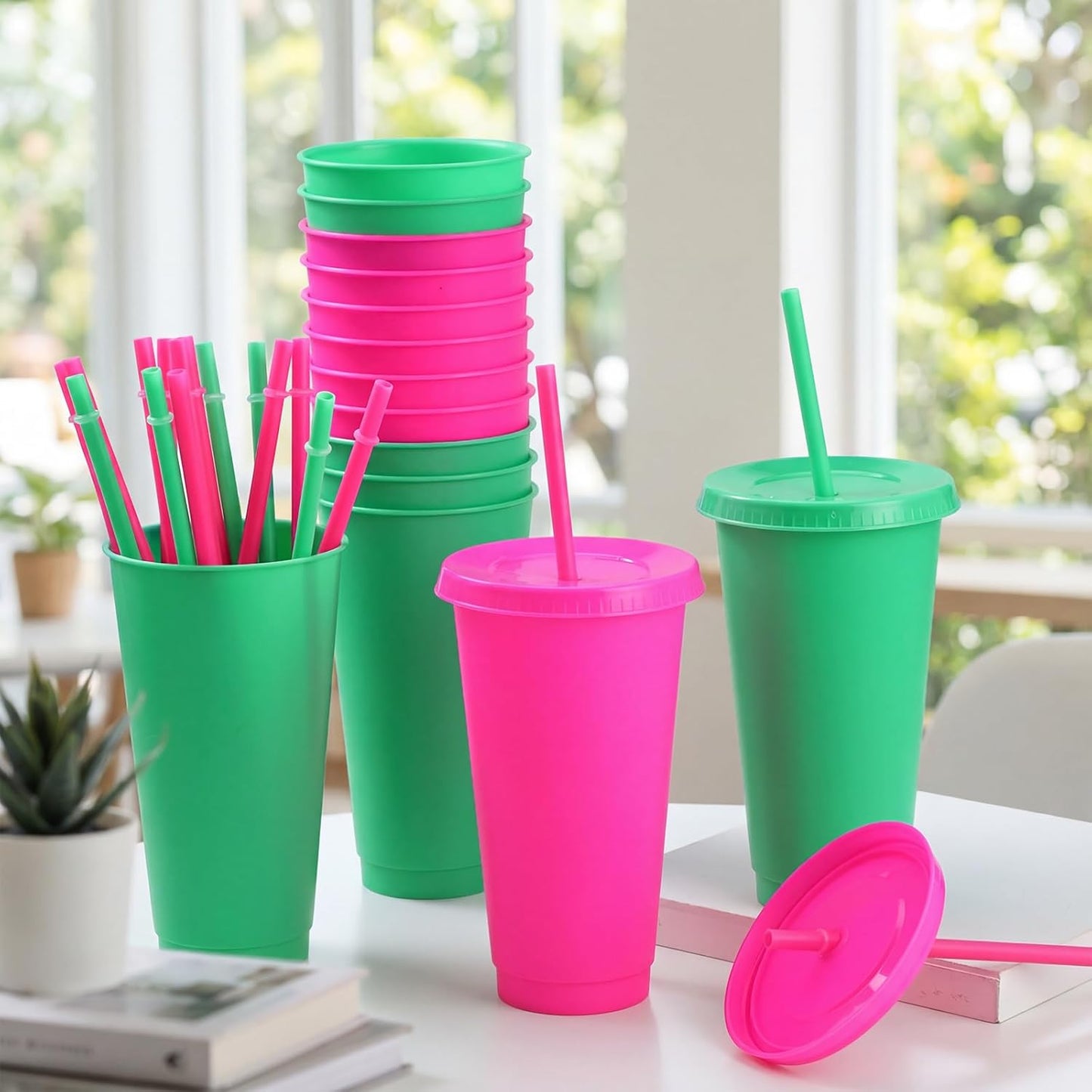 Honeydak 15 Pack Tumbler with Straw and Lid Bulk Cups for Gifts Water Bottle Iced Coffee Travel Mug Cup Reusable Plastic Tumblers for Party Birthdays 24-27 oz (Solid Color)