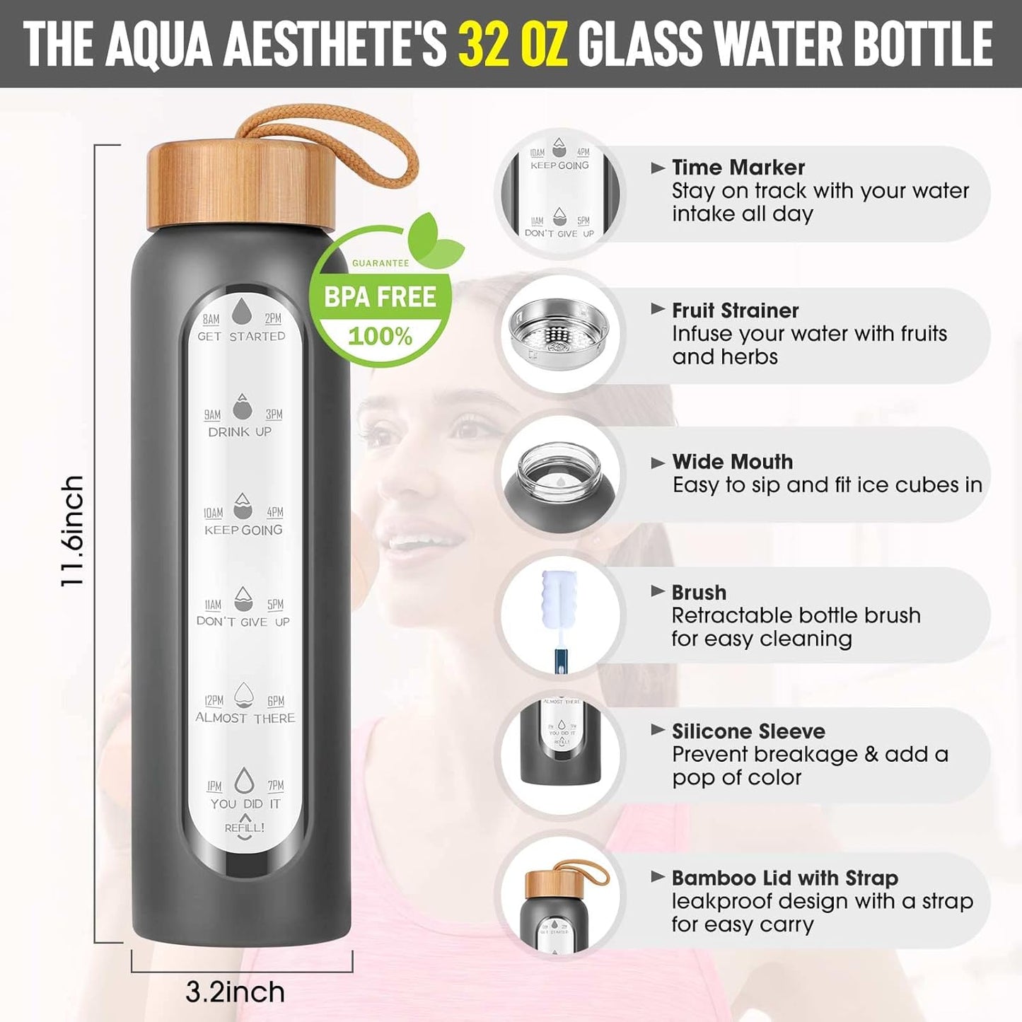 Aqulea Glass Water Bottles 25 Oz with Silicone Sleeve - BPA Free Reusable Wide Mouth Glass Motivational Water Bottles with Fruit Infuser – Leak Proof Borosilicate Water Bottle with Time Marker (White)