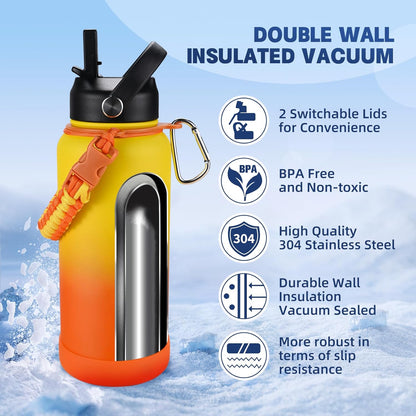 Insulated Water Bottle, 32 oz Stainless Steel Wide Mouth Water Bottles with 2 Leak Proof Lid and Paracord Handle, Double Wall Vacuum Insulated Sports Water Bottle, Purple Black