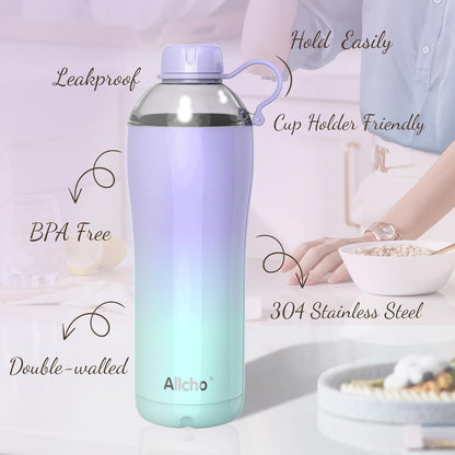 Allcho Insulated Water Bottle for Women, 18oz Stainless Steel Leak Proof Tumbler with 2 Lids, BPA-Free Tritan Chug & Straw Lid, Double Wall Vacuum Flask