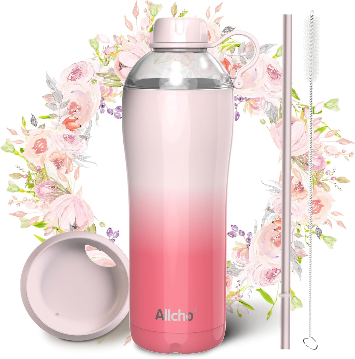 Allcho Insulated Water Bottle for Women, 18oz Stainless Steel Leak Proof Tumbler with 2 Lids, BPA-Free Tritan Chug & Straw Lid, Double Wall Vacuum Flask