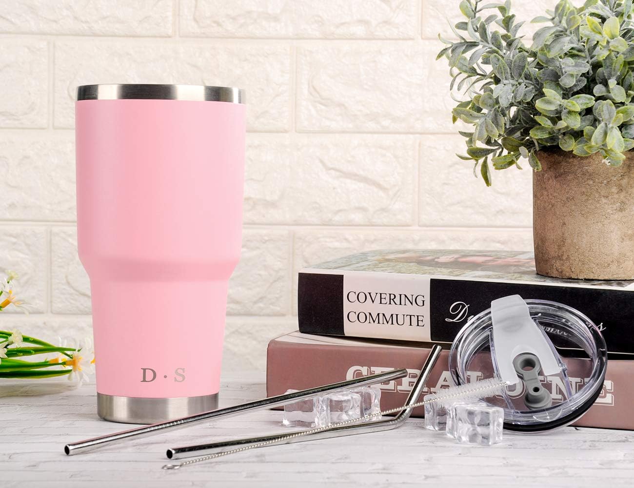 D·S 30oz Blue Tumbler Stainless Steel Double Wall Vacuum Insulated Mug with Straw and Lid, Cleaning Brush for Cold and Hot Beverages