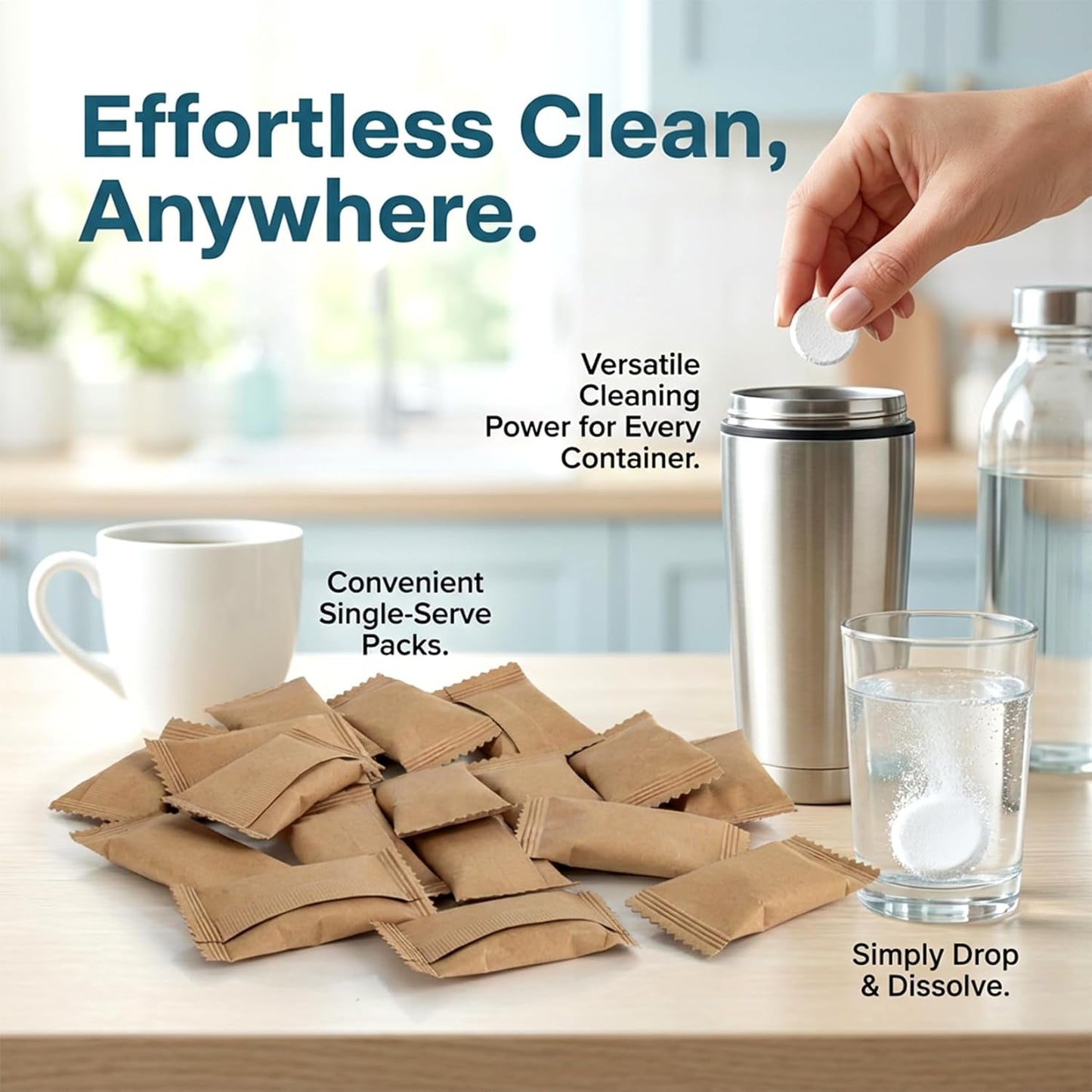 RAINFLOW 40 Pcs Water Bottle Cleaner Tablets - Water Bottle Cleaning Tablets for Stainless Steel, Tumblers, Reusable Bottles, Bottle Cleaner Tablets Remove Coffee & Tea Stains, Odor Buildup