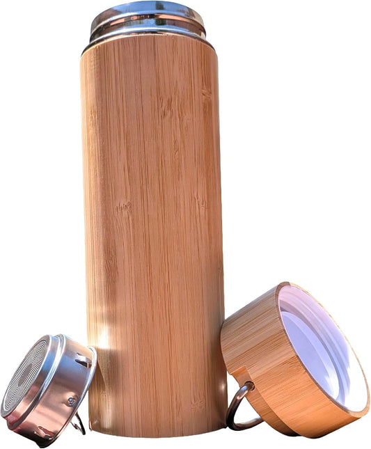 Bamboo Tea Tumbler with Infuser - 17oz Double Wall Vacuum Insulated Stainless Steel Travel Mug | Leakproof Thermal Flask with Strainer for Loose Leaf Tea, Coffee and Fruit Water