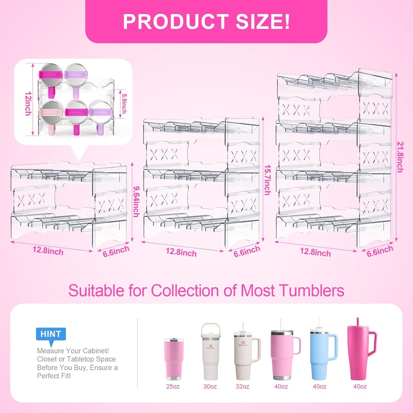 JYPS Tumbler Organizer, Acrylic Water Bottle Storage For Full Stanley 40oz Tumbler, Stackable Handle Cup Holder For Home Kitchen Pantry Countertop Cabinet, Size For Stanley/HydroJug/Owala/YETI/BrüMate