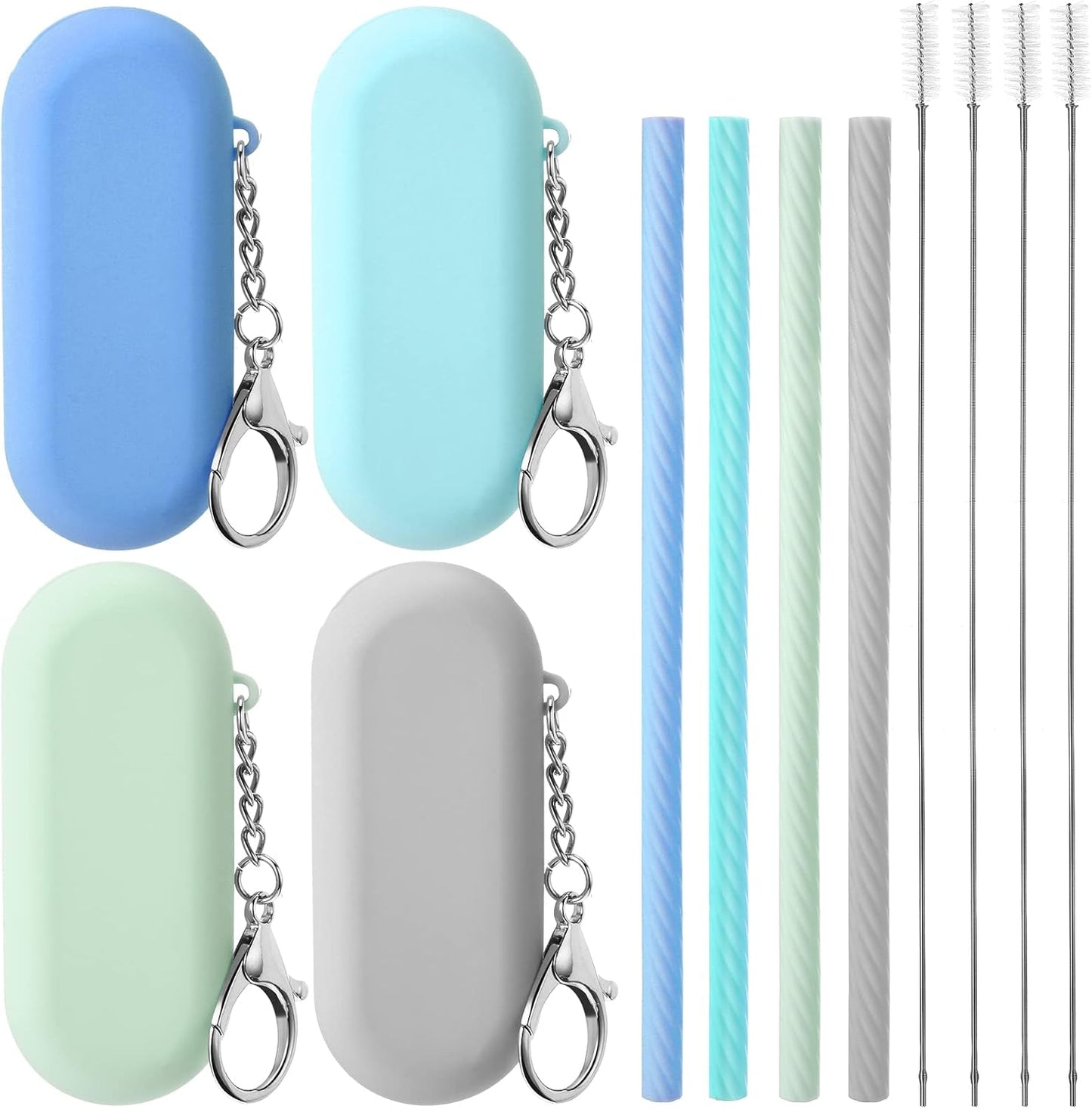 Meanplan 4 Sets Cruise Ship Essentials,4 Set Silicone Straws with Case Reusable Silicone Portable Drinking Straw Set for Party Travel Cold or Hot with 4 Carry Case, 4 Cleaning Brushes (Classic Color)
