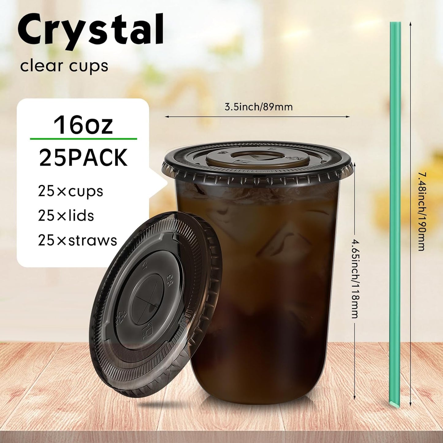 Baderke 25 Set Plastic Cups with Lids and Straws, Disposable Plastic Iced Coffee Cup for Cold Beverage Juice Smoothie Crystal for Coffee Shops Party Catering(Clear,16 oz)