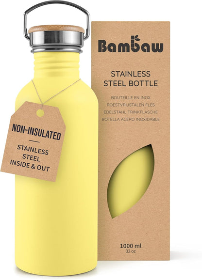 Bambaw Stainless Steel Water Bottles 32 oz, Non-insulated Single Wall Metal Water Bottle Stainless Steel, Reusable & Eco Friendly, Dishwasher Safe – Silver | Non-insulated