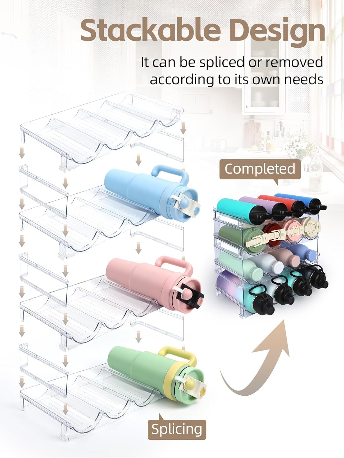 Stackable Water Bottle Organizer, 4-Tier Clear Large Compartment Holder with Stable One-Piece Side-Panel Design, Prevents Tipping & Rolling for Cabinet & Kitchen Storage, Holds 16 Bottles