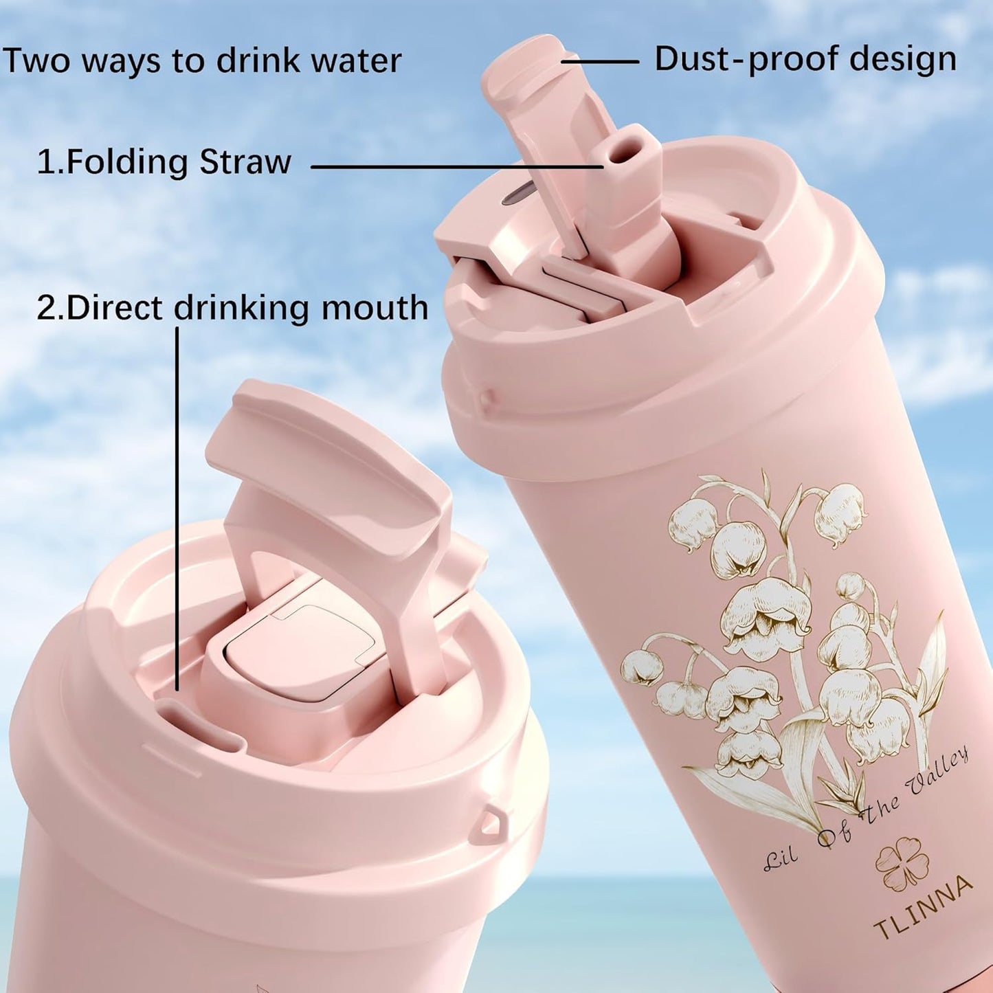 [2-IN-1 LID] Travel Mug,Coffe mug,Coffe cup,Ceramic coating Lined,316 Stainless Steel,BPA Free,Vacuum Insulated Tumbler for Water, Iced Tea or Coffee, Smoothie and More (Peony-White, 18 Onuces)