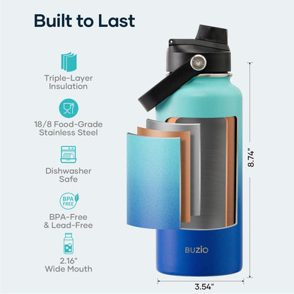 BUZIO 40oz Insulated Water Bottle, Triple Wall Vacuum Stainless Steel Water Flask with 2 lids, Lead-Free BPA-Free Straw Lid Sports Canteen Jug, Cold 48H & Hot 24H- Black - Colors B