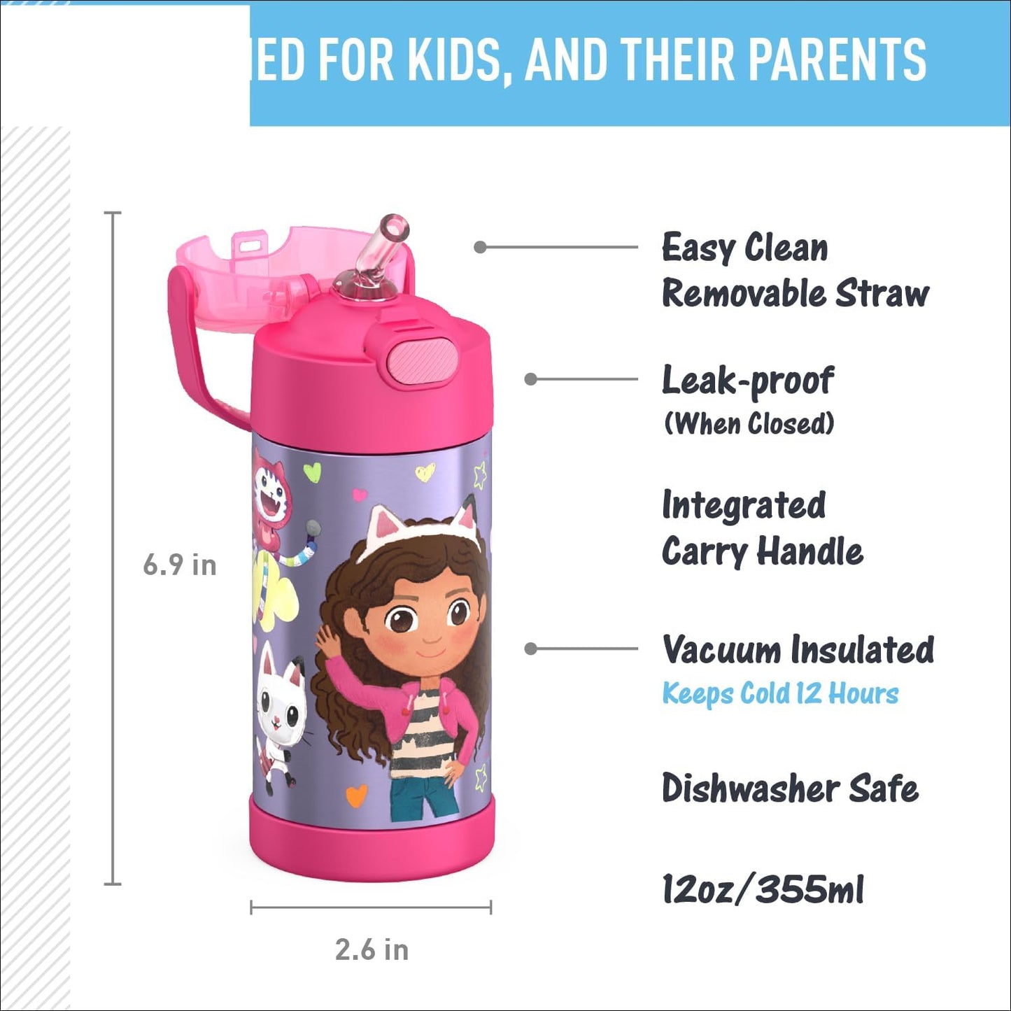 THERMOS FUNTAINER Water Bottle with Straw - 12 Ounce - Kids Stainless Steel Vacuum Insulated Water Bottle with Lid, Bluey - Colors A