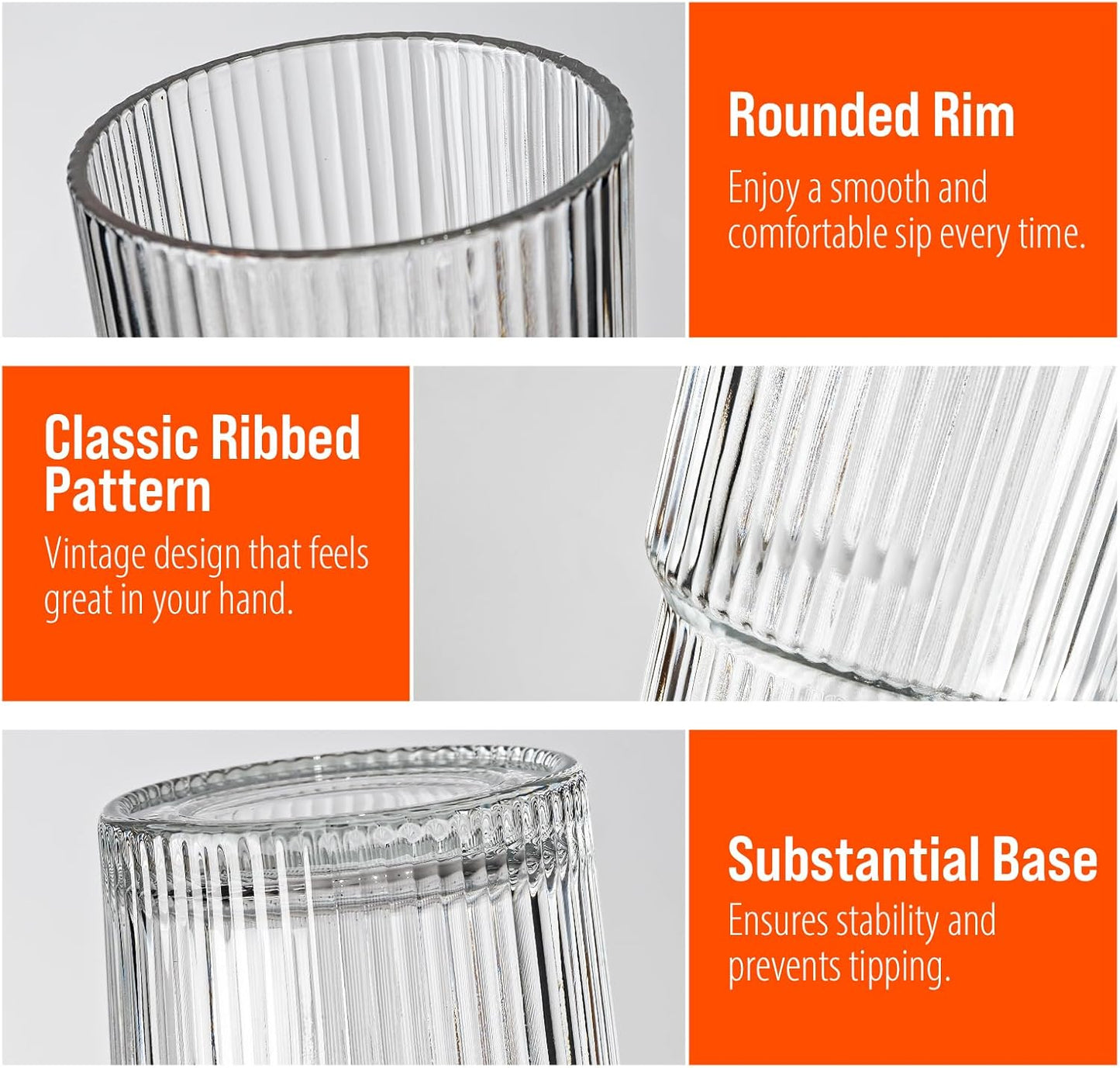 SUROQUE 20oz Ribbed Glass Tumblers with Lids & Straws, Ideal for Iced Coffee, Cocktails & More - Includes Cleaning Brush