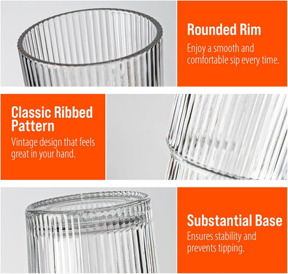 SUROQUE 20oz Ribbed Glass Tumblers with Lids & Straws, Ideal for Iced Coffee, Cocktails & More - Includes Cleaning Brush