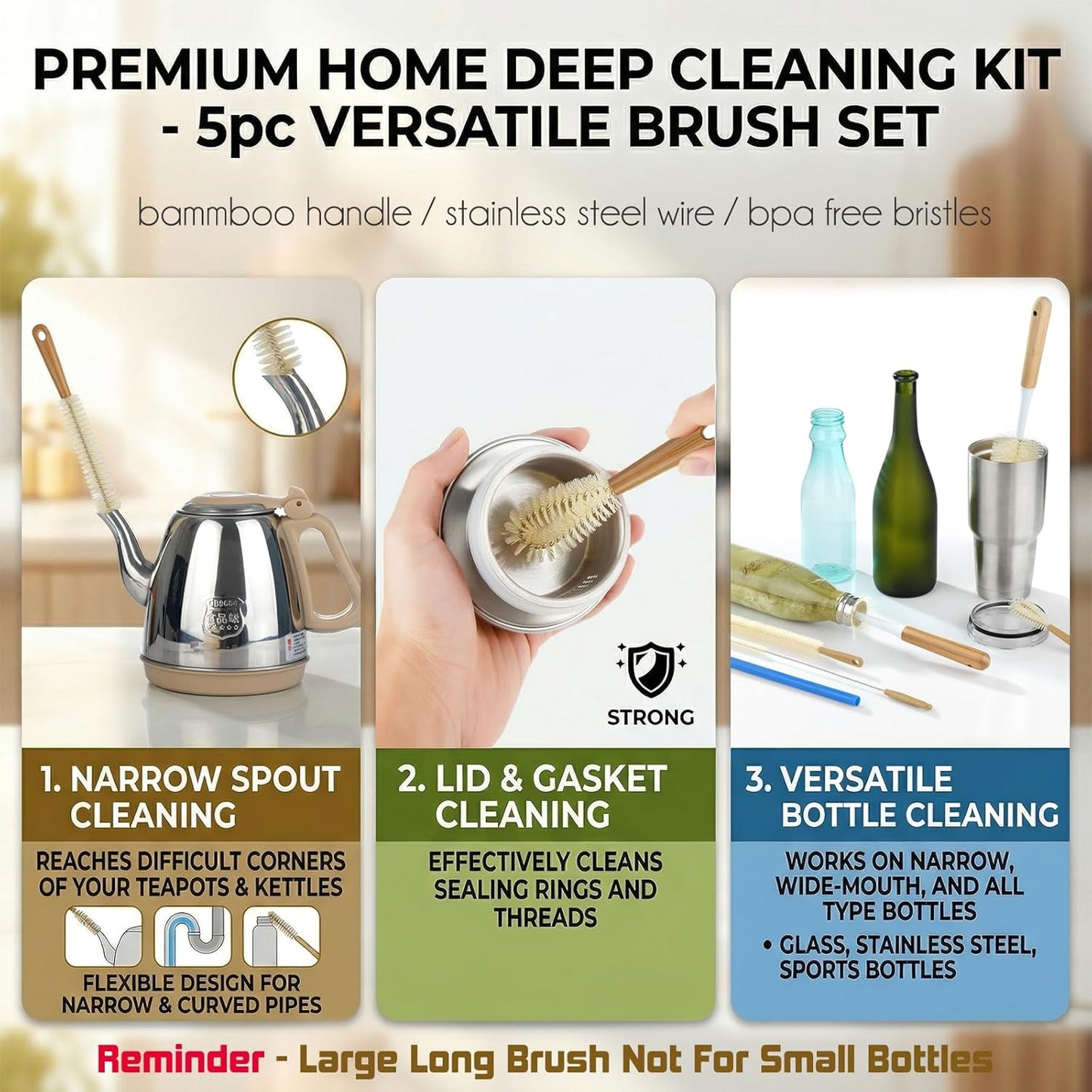 ALINK Extra Large Long Bottle Brush Set - 16" / 15" Long Bamboo Handle Bottle Cleaner for Narrow Neck Beer Wine Bottles, Decanter, Tumblers, Thermos, Jugs with Straw Brush, Kettle Spout/Lid Brush