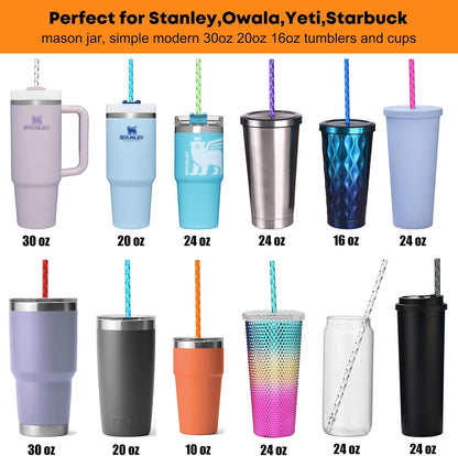 ALINK 12-Pack Reusable Plastic Coloful Swirl Straws, 11 Inch Long PETG Clear Hard Plastic Tumbler Replacement Straws with Brush, BPA-Free, for 16–30 oz Stanley, YETI, Starbucks, Mason Jars, Owala Cups