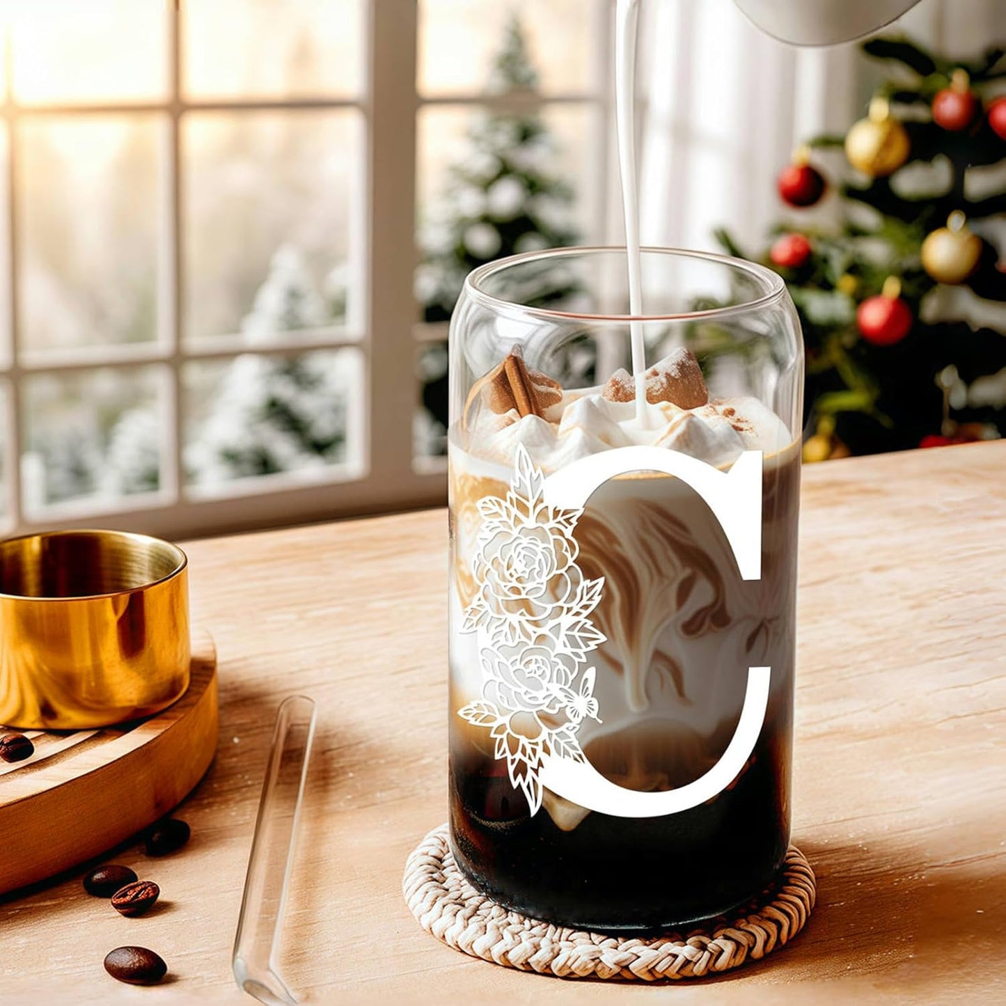 Glass Cups with Lids and Straws: Personalized Initial Glass Cup Be Used As Reusable Iced Coffee Cups with Lids,Cute Matcha Tumbler - The Christmas/Birthday Gifts for Women - M Smoothie Cup