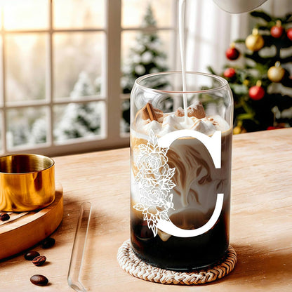 Glass Cups with Lids and Straws: Personalized Initial Glass Cup Be Used As Reusable Iced Coffee Cups with Lids,Cute Matcha Tumbler - The Christmas/Birthday Gifts for Women - M Smoothie Cup