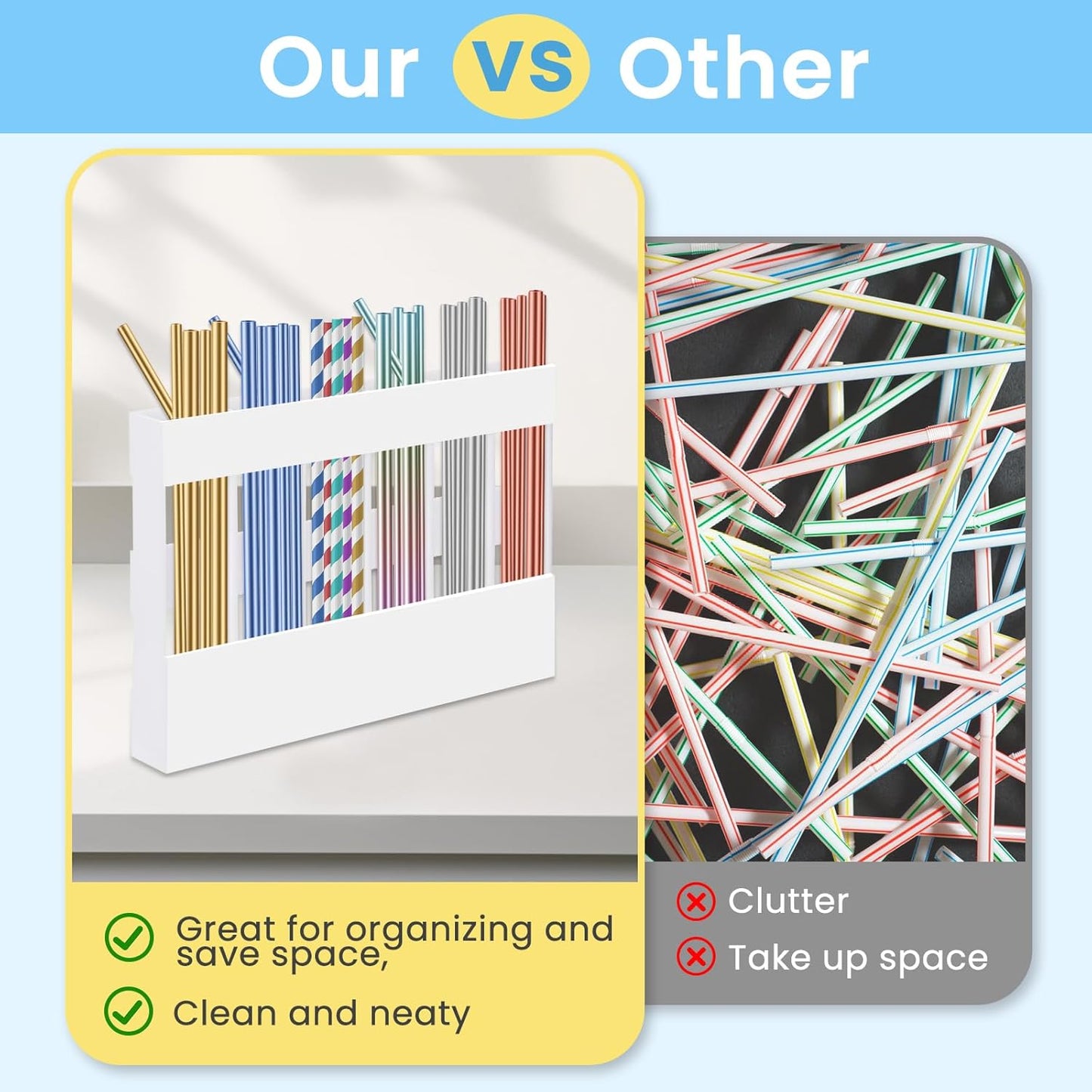 Acrylic Straw Holder for Cabinet, Reusable Straw Organizer with Double Sided Adhesive Tape Tumbler Straws Storage Container for Cupboard Drinking Straws Dispenser for Kitchen Counter (Transparent)