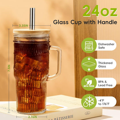 JunVpic Glass Cups with Lids and Straws,24oz Glass Tumbler with Handle Iced Coffee Cup for Coffee,Juice,Tea,Milk,Smoothie,Hot & Cold Drinks (Pink)