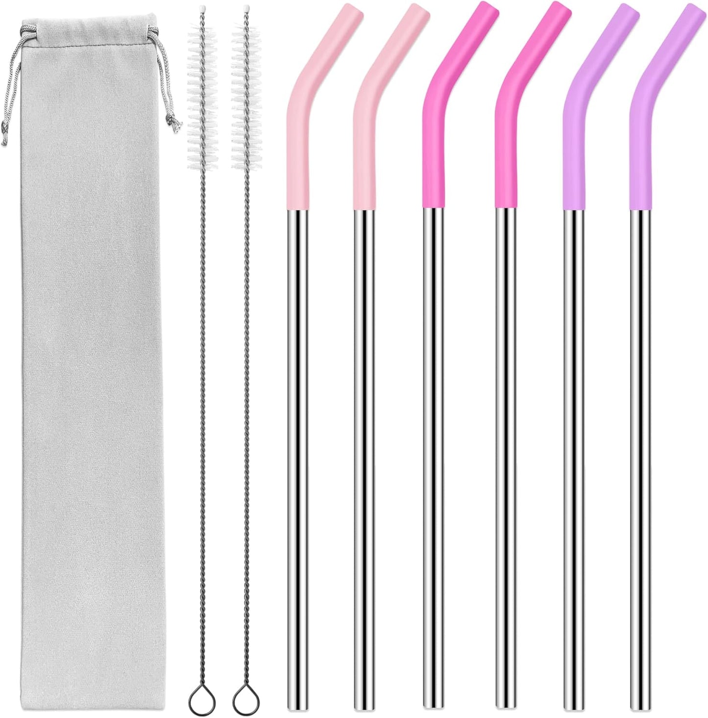 40 oz Stainless Metal Straws for 40 oz Stanley Tumbler, 6Pcs Reusable Straight Long Steel Straws with 12 Silicone Tips and 2 Straw Cleaning Brushes (6Color1, 40oz)