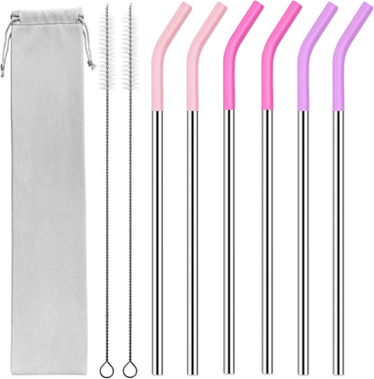 40 oz Stainless Metal Straws for 40 oz Stanley Tumbler, 6Pcs Reusable Straight Long Steel Straws with 12 Silicone Tips and 2 Straw Cleaning Brushes (6Color1, 40oz)