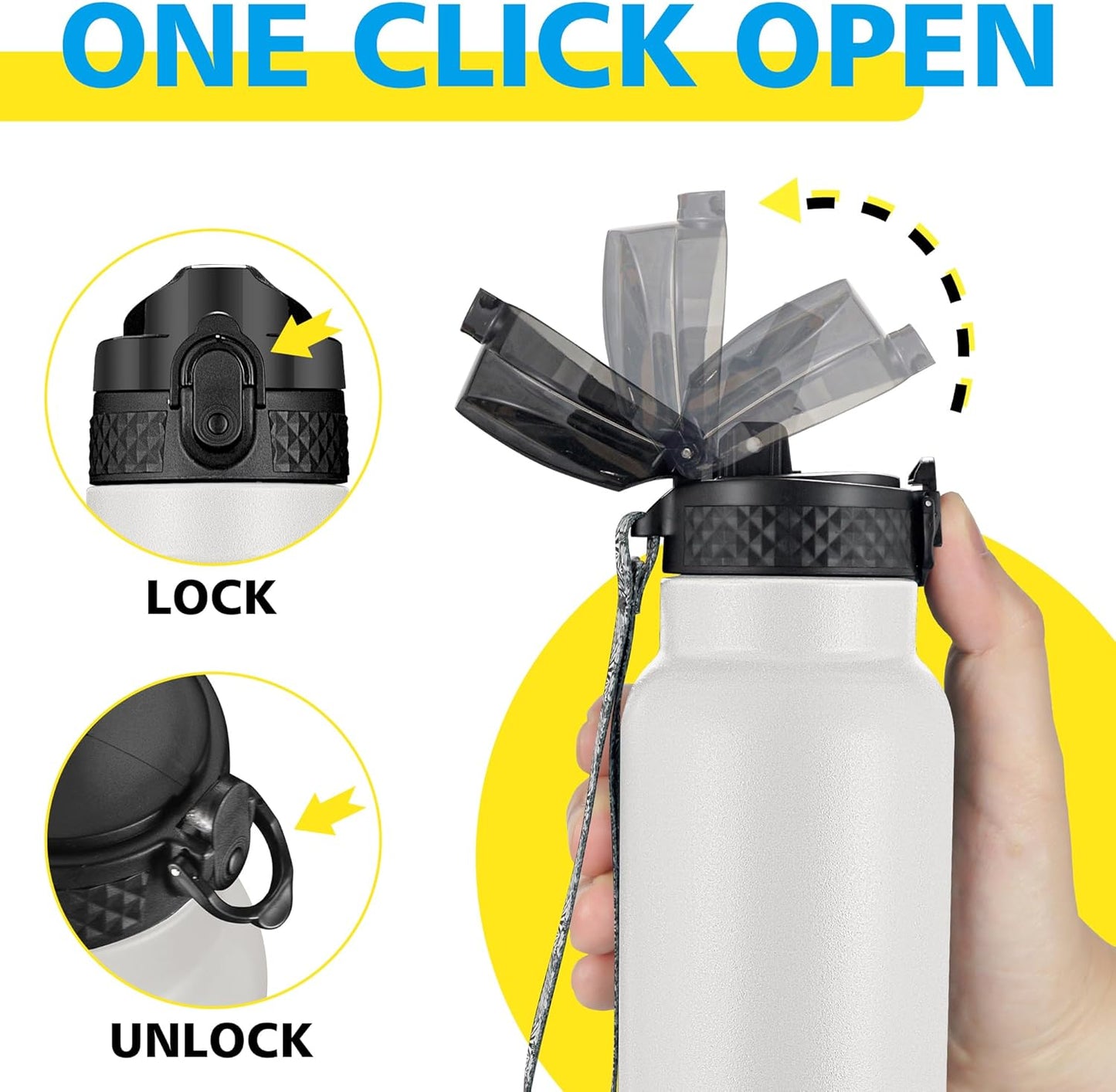 Han's Bottle Sports Water Bottle - 24 Oz, Straw Lid, Leak Proof, Vacuum Insulated Stainless Steel, Double Walled, Thermo Mug,Black
