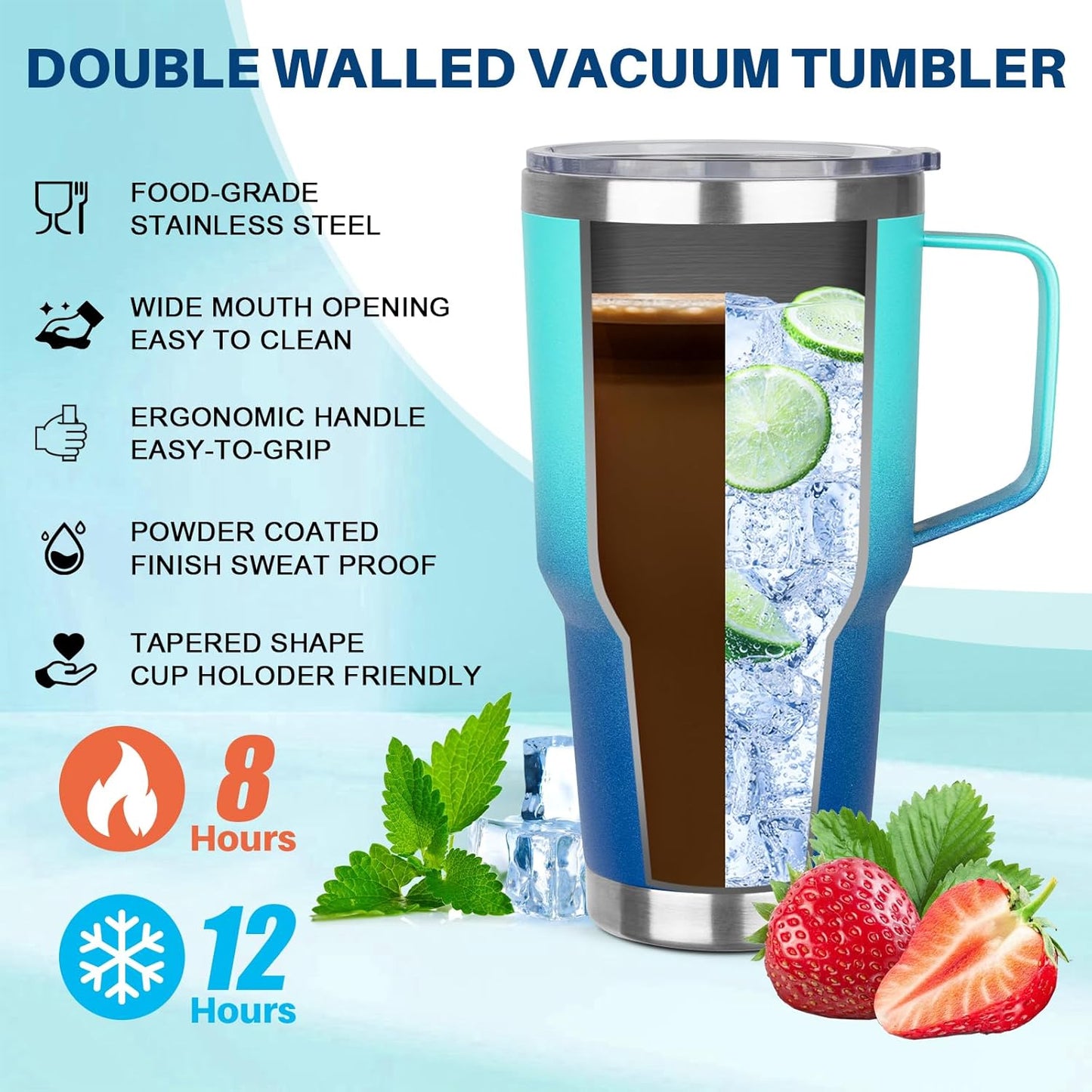40 oz Tumbler with Handle, Insulated Tumbler with Lid and Straw, Reusable Stainless Steel Vacuum Insulated Cup, 100% Leak Proof Thermal Travel Coffee Mug Cup for Cold and Hot (Light Purple)