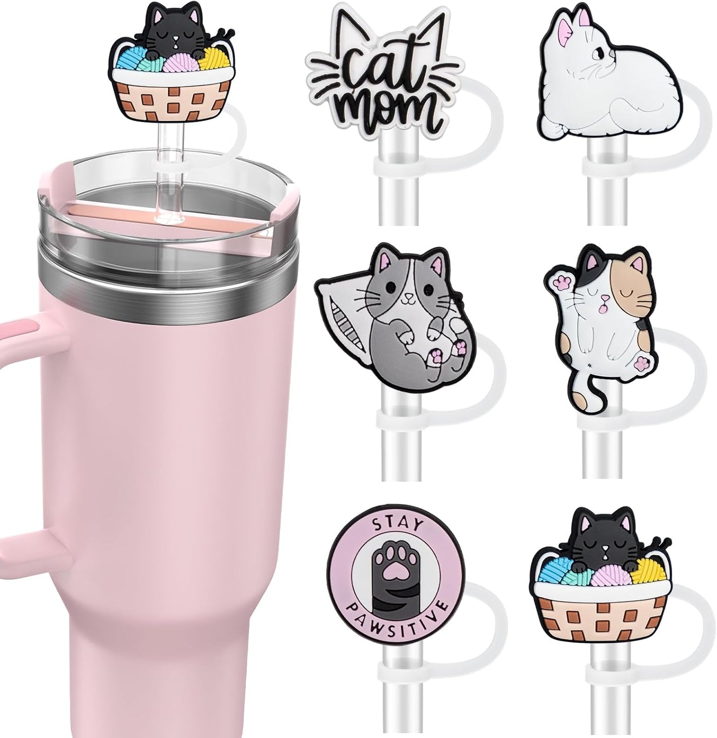6PCS Straw Covers for Stanley Cup Tumbler 30 oz / 40 oz Leak Proof Straw Toppers 10mm Silicone Cute Straw Stopper Caps for Stanley Cup Accessories-Pink Mice