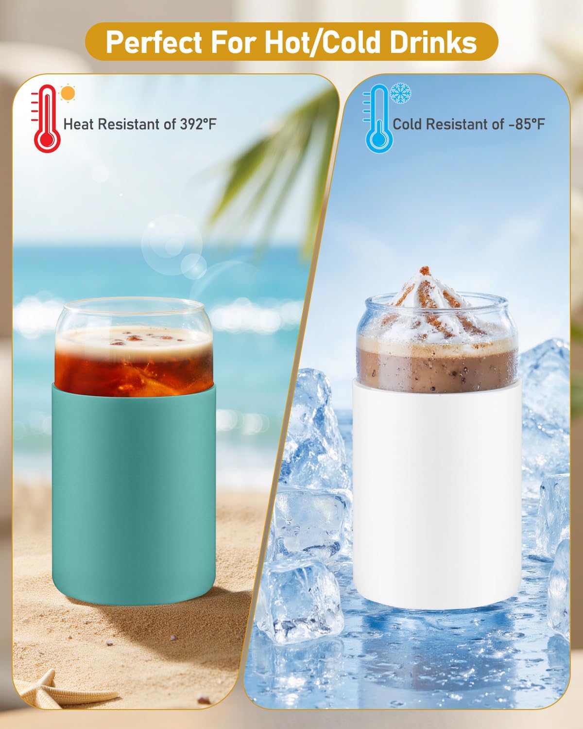sungwoo 4PCS Glass Cups with Bamboo Lids and Straws, 16OZ Ice Coffee Cup, Drinking Cup set with Wooden Lids, Home Essential Glass Tumblers for Beer, Cocktail, Tea and Latte Clear