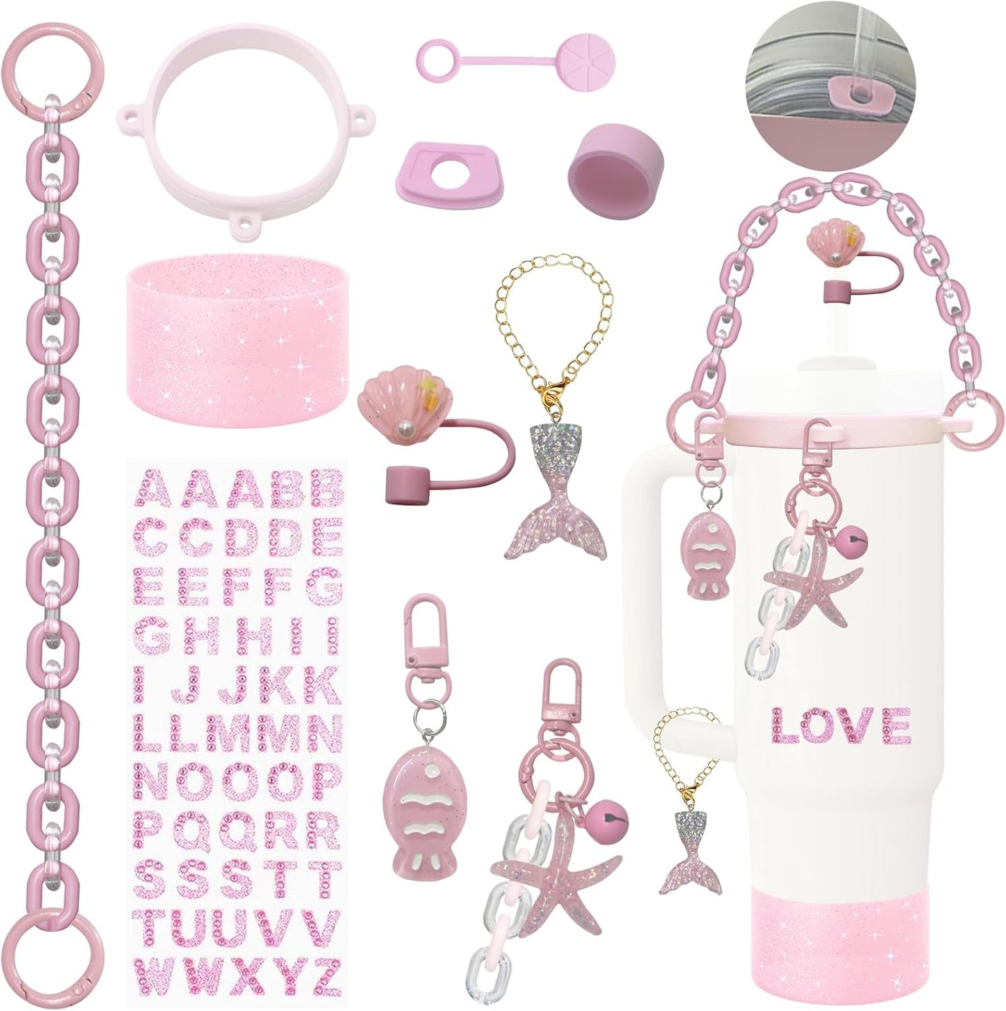Accessories Set for Stanley Cup,Water Bottle Handle Strap,Straw Topper,Silicone Cover Cap and Boot,Keychain Charms,Handle Charms,Initials Sticker for Stanley Tumbler 40oz/30oz(Purple Ocean)