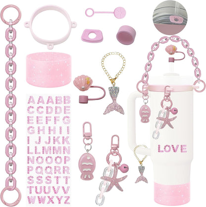 Accessories Set for Stanley Cup,Water Bottle Handle Strap,Straw Topper,Silicone Cover Cap and Boot,Keychain Charms,Handle Charms,Initials Sticker for Stanley Tumbler 40oz/30oz(Purple Ocean)