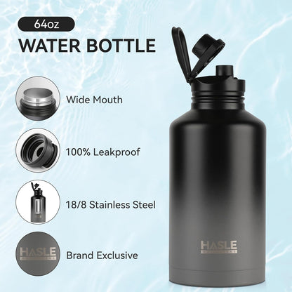 HASLE OUTFITTERS 32 oz Insulated Water Bottle Stainless Steel Double Walled Vacuum Sports Water Bottle with 2 Lids (Straw and Spout Lid) for Gym Camping Hiking(Black,1)