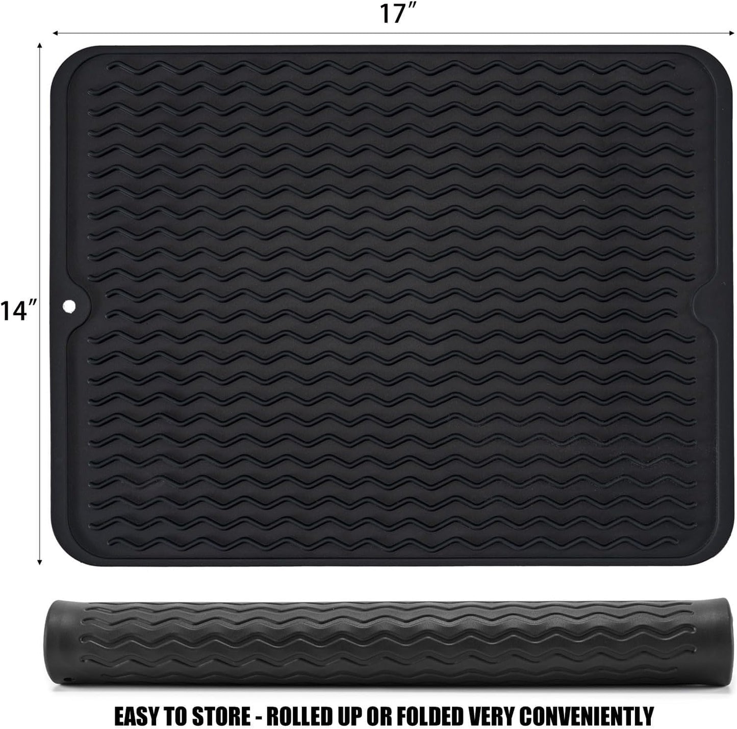 Silicone Dish Drying Mat, Non-Slip Easy Clean Sink Mat Large Heat-resistant Dish Drainer Mat for Kitchen Counter, Sink, Refrigerator or Drawer liner (12" x 6", BLACK)