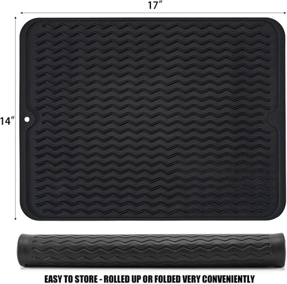 Silicone Dish Drying Mat, Non-Slip Easy Clean Sink Mat Large Heat-resistant Dish Drainer Mat for Kitchen Counter, Sink, Refrigerator or Drawer liner (12" x 6", BLACK)