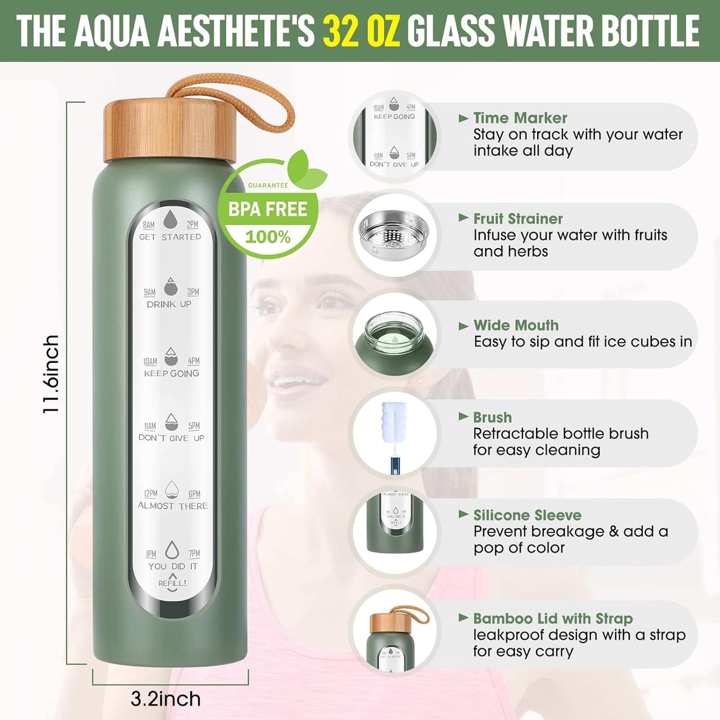 Aqulea Glass Water Bottles 25 Oz with Silicone Sleeve - BPA Free Reusable Wide Mouth Glass Motivational Water Bottles with Fruit Infuser – Leak Proof Borosilicate Water Bottle with Time Marker (White)