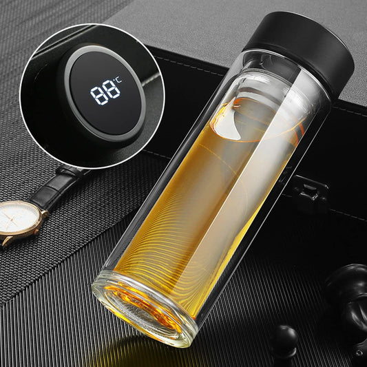 Tea Infuser Bottle - Double Wall Glass Portable Travel Mug with Stainless Steel Filter, 12 oz Capacity, Borosilicated Glass Tea Tumbler Water Bottle Diffuser for Loose Leaf Tea, Flower, Herbal (Black)