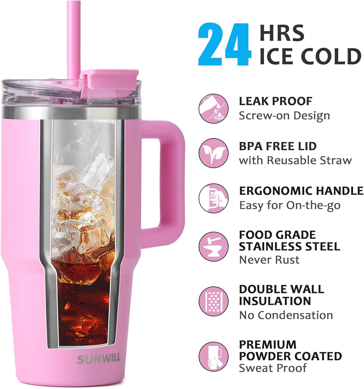 SUNWILL 20 oz Tumbler with Handle and Straw Leak Proof,Travel Coffee Mug with Lid, Stainless Steel Cup Insulated for Office & Gym, Cupholder Friendly, Powder Coated Orchid