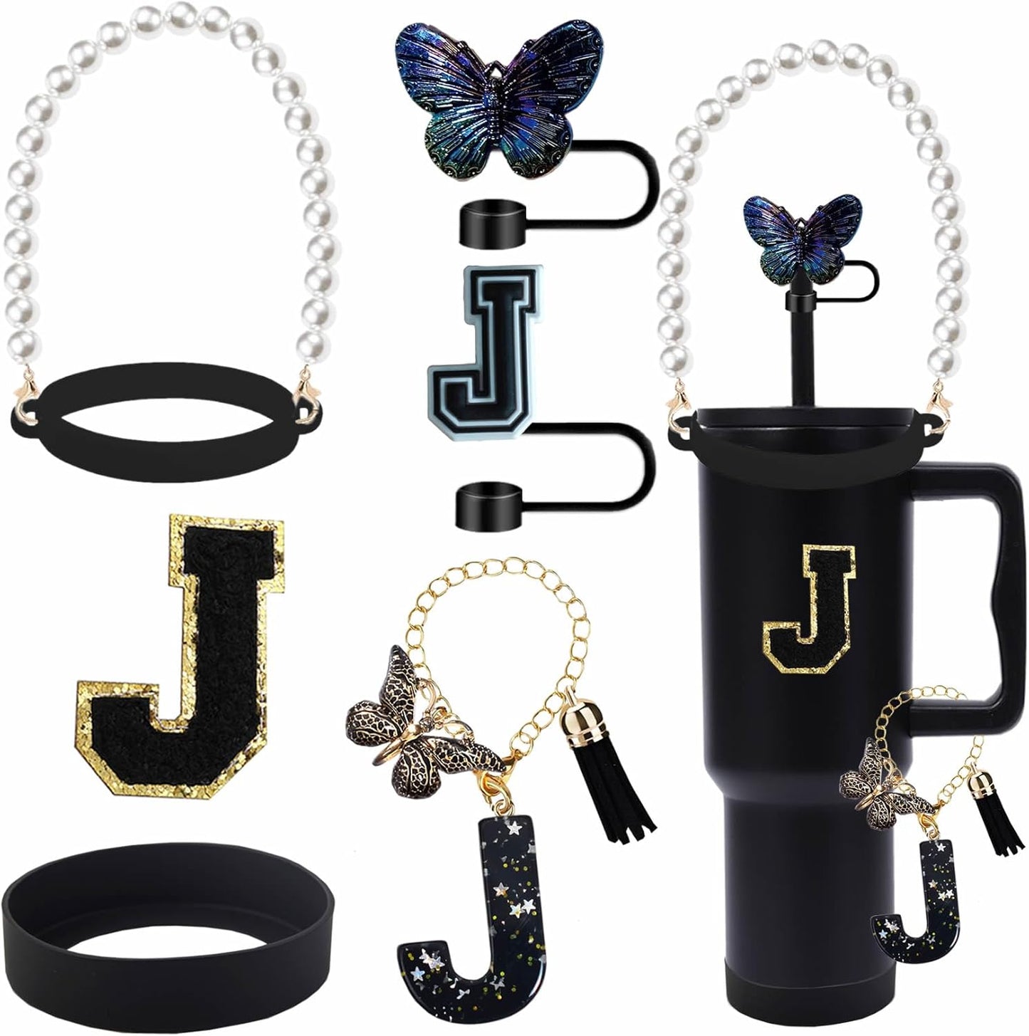 7pcs Cup Accessories for Stanley 30/40oz Tumbler, Handle Strap, Straw Cover, Silicone Boot, Letter Charm Stickers