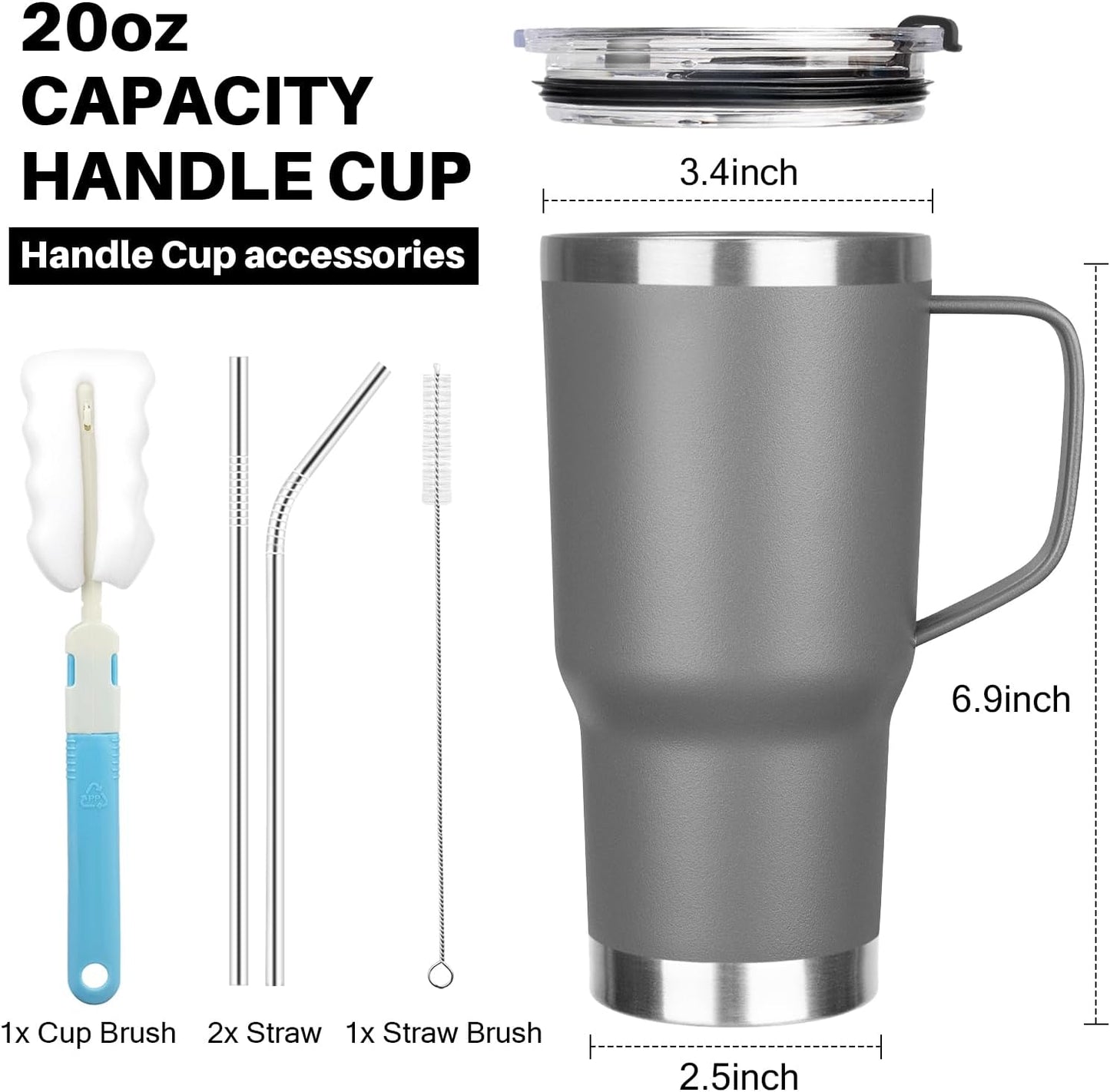 20 oz Tumbler with Handle, Stainless Steel Insulated Tumbler with Lid and Straw, Double Wall Vacuum Coffee Mug Tumbler, Insulated Coffee Thermal Cup for Cold and Hot (Light Purple)